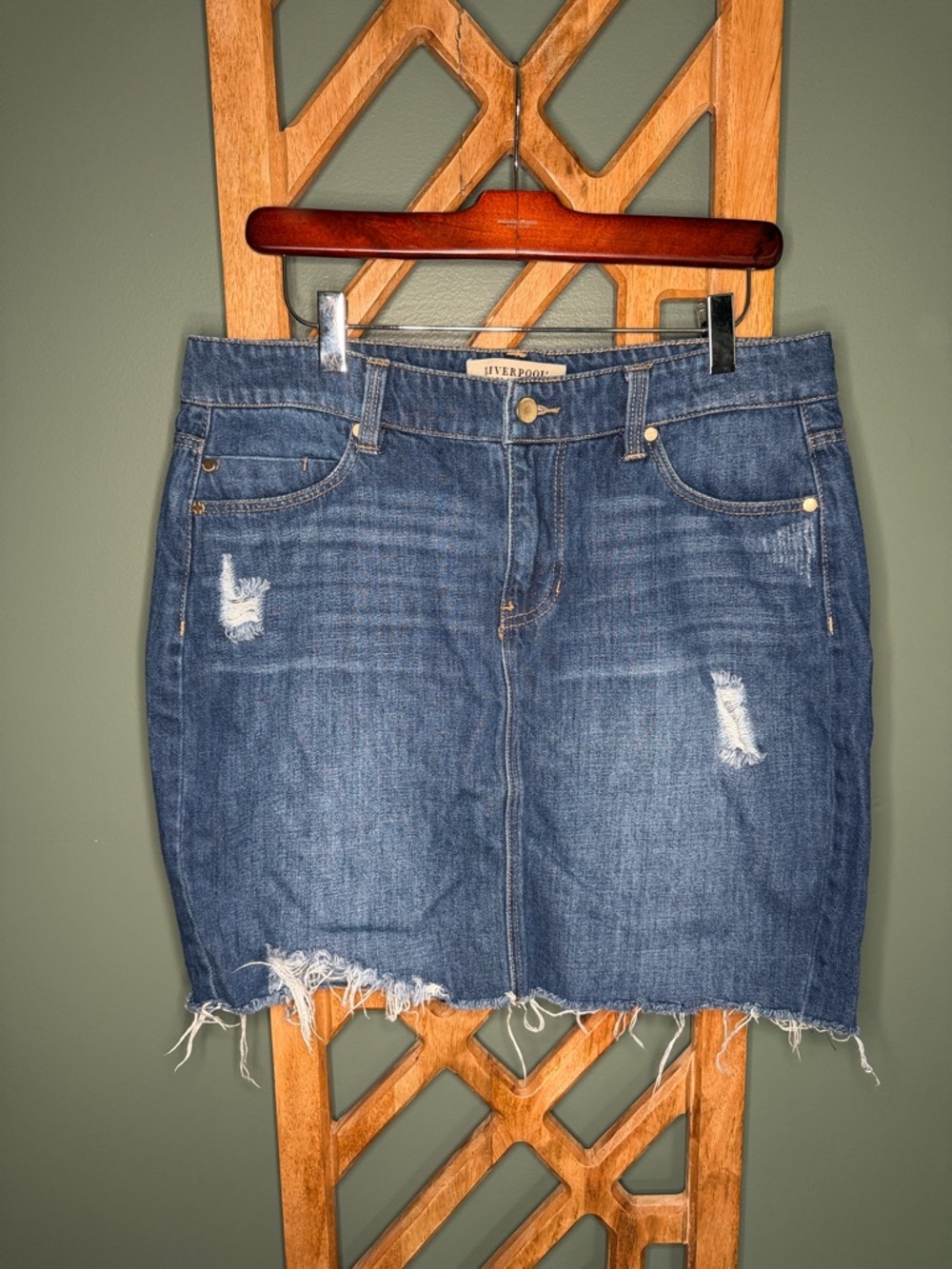 Liverpool Denim Distressed Mini Skirt - Blue